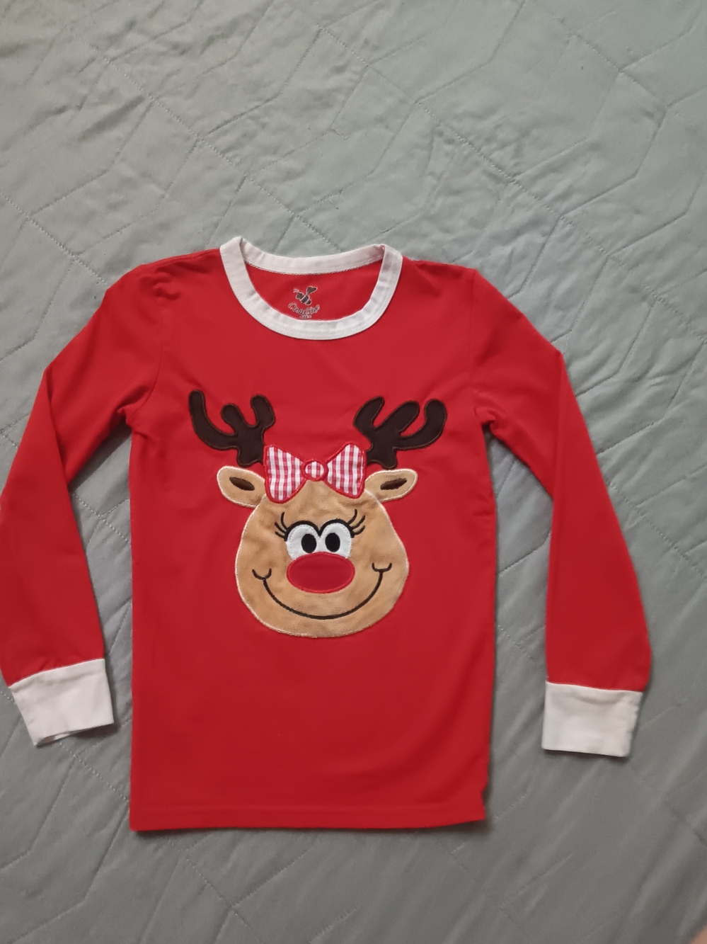 Girls Size 5 Red Long-Sleeve Reindeer Appliqué Top with White Trim